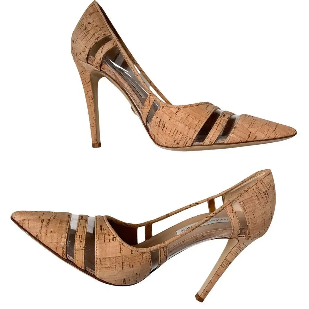 DVF Becca Too Cork Pointed Toe Pumps Clear Panel Heels 7